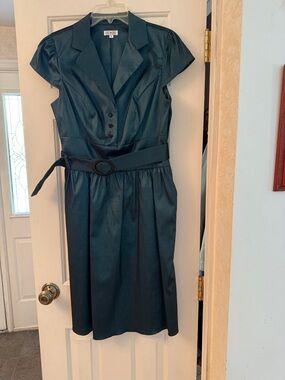 OC by Oleg Cassini Teal Belted Cap-Sleeve Midi Dress